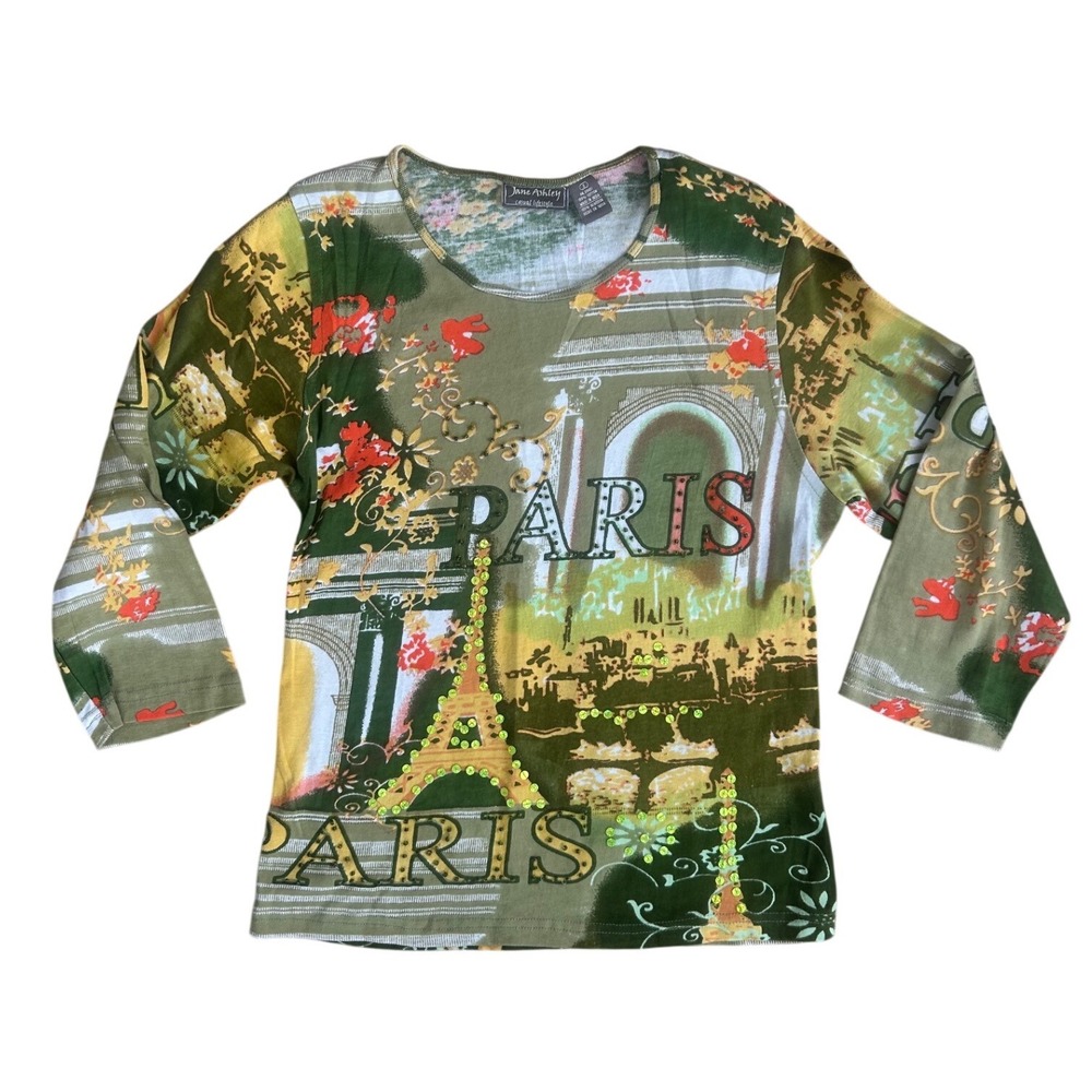 Vintage Paris Beaded Boho Top Green All Over Print Womens Small NWT